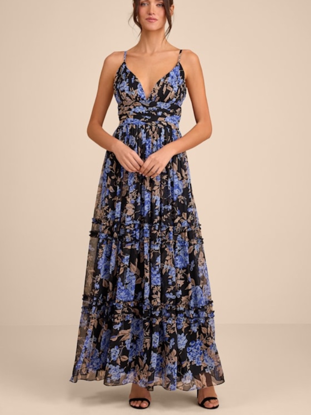 Lulus Niora Black And Blue Floral Pleated Maxi Dress - Size M
